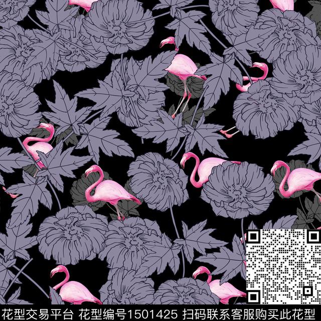 黑底花卉火烈鸟热带华亿平台数码印花华亿平台下载（图片编号: 1501425） - 瓦栏（Walan）