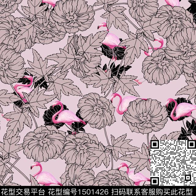 黑底花卉火烈鸟热带华亿平台数码印花华亿平台下载（图片编号: 1501426） - 瓦栏（Walan）