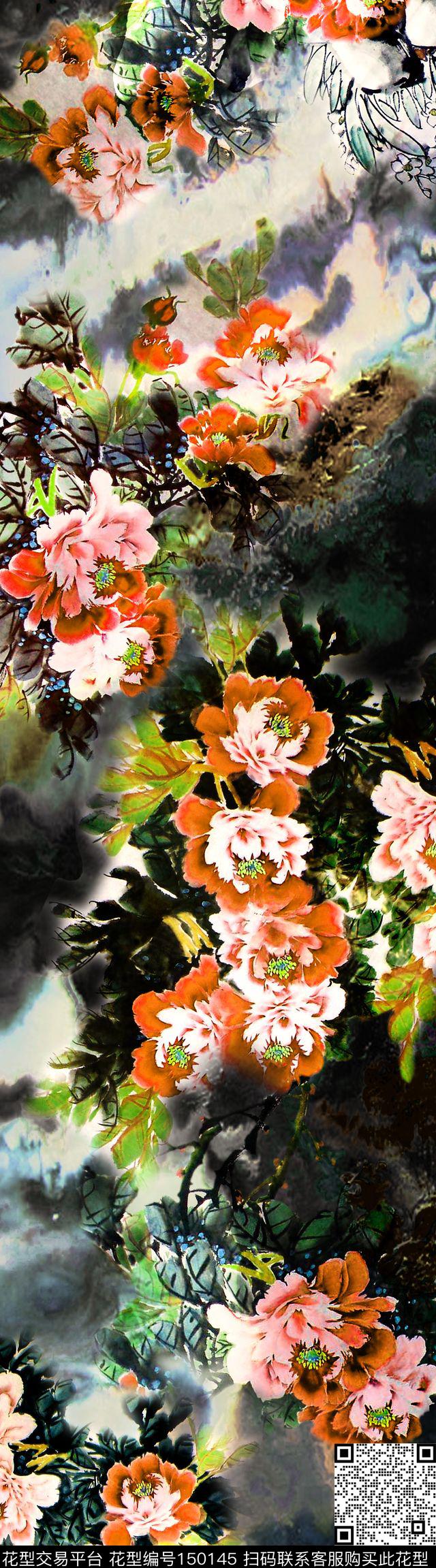 水墨中国风国画数码印花华亿平台下载（图片编号: 150145） - 瓦栏（Walan）