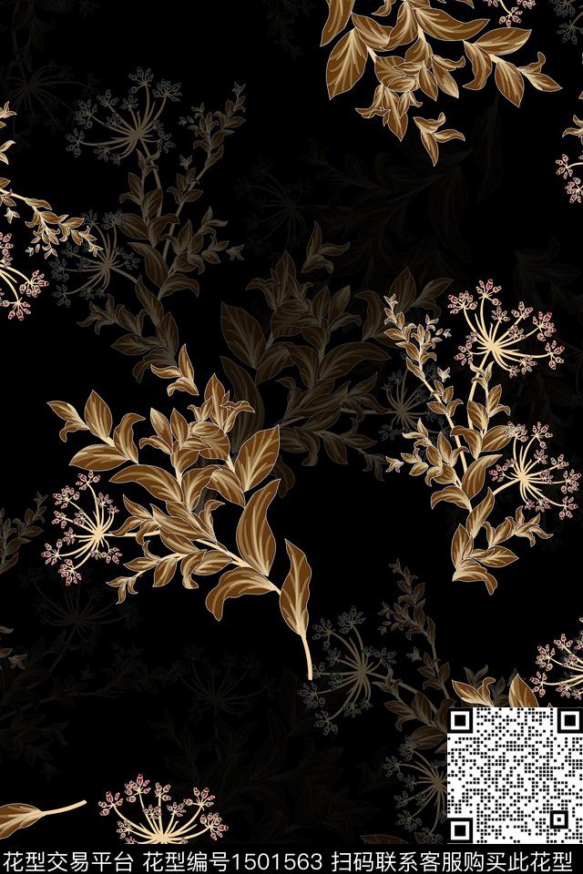 黑底花卉花卉大牌风数码印花华亿平台下载（图片编号: 1501563） - 瓦栏（Walan）