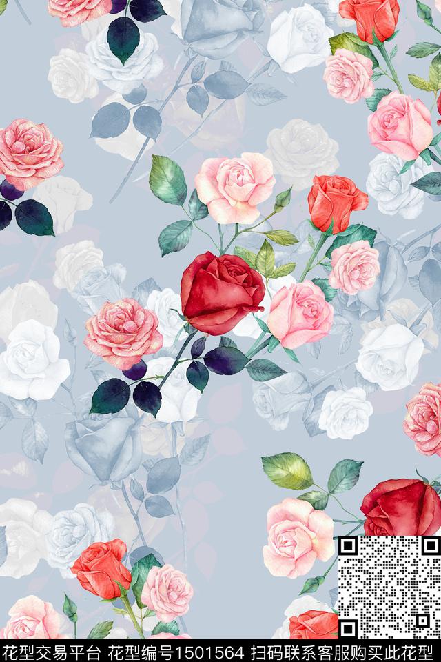 玫瑰花花卉小清新数码印花华亿平台下载（图片编号: 1501564） - 瓦栏（Walan）