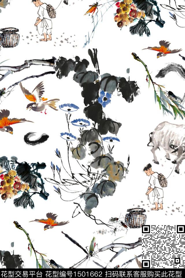 水墨风花卉旗袍数码印花华亿平台下载（图片编号: 1501662） - 瓦栏（Walan）