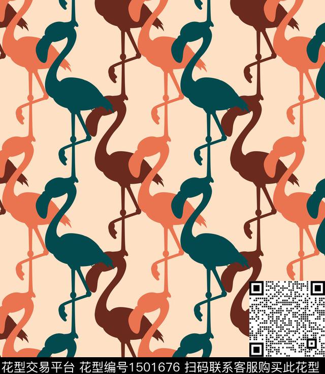 黑底花卉火烈鸟热带华亿平台数码印花华亿平台下载（图片编号: 1501676） - 瓦栏（Walan）