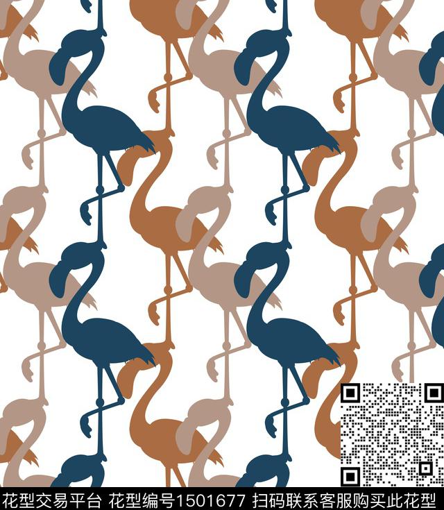 黑底花卉火烈鸟热带华亿平台数码印花华亿平台下载（图片编号: 1501677） - 瓦栏（Walan）