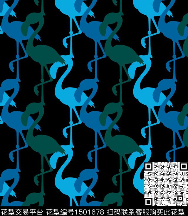 黑底花卉火烈鸟热带华亿平台数码印花华亿平台下载（图片编号: 1501678） - 瓦栏（Walan）