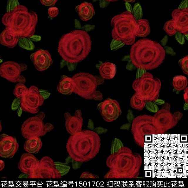 抽象花卉手绘玫瑰玫瑰花数码印花华亿平台下载（图片编号: 1501702） - 瓦栏（Walan）