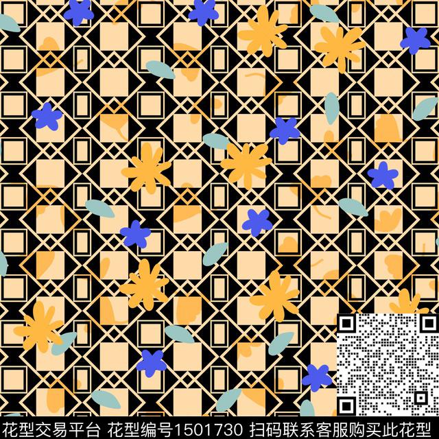 黑底花卉几何花卉小碎花数码印花华亿平台下载（图片编号: 1501730） - 瓦栏（Walan）