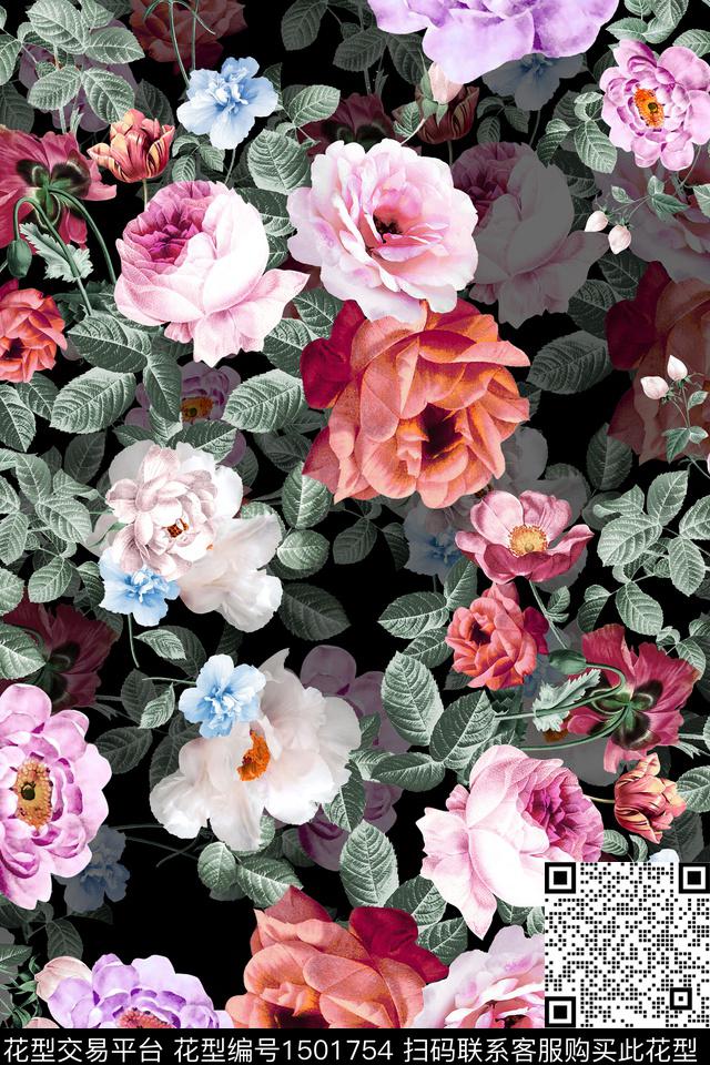 花卉大牌风真丝数码印花华亿平台下载（图片编号: 1501754） - 瓦栏（Walan）
