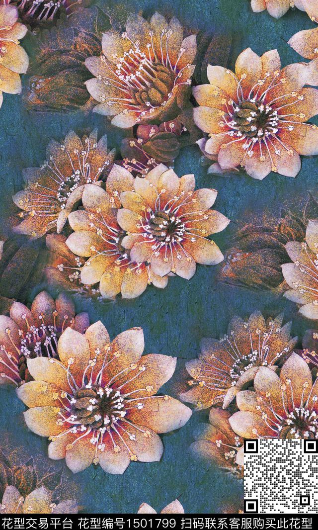 花卉香云纱真丝数码印花华亿平台下载（图片编号: 1501799） - 瓦栏（Walan）