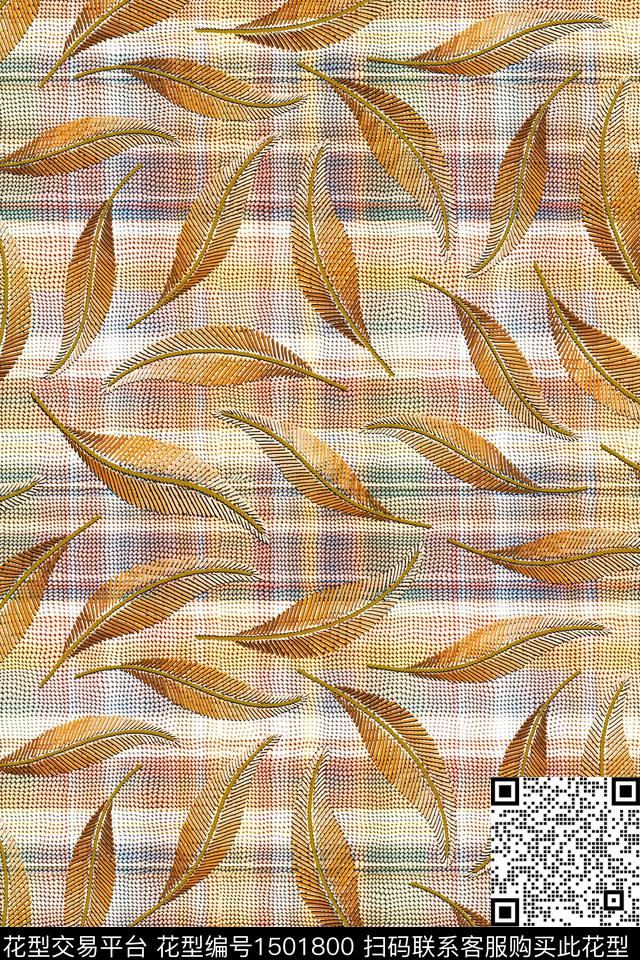 绿植树叶线条画大牌风数码印花华亿平台下载（图片编号: 1501800） - 瓦栏（Walan）