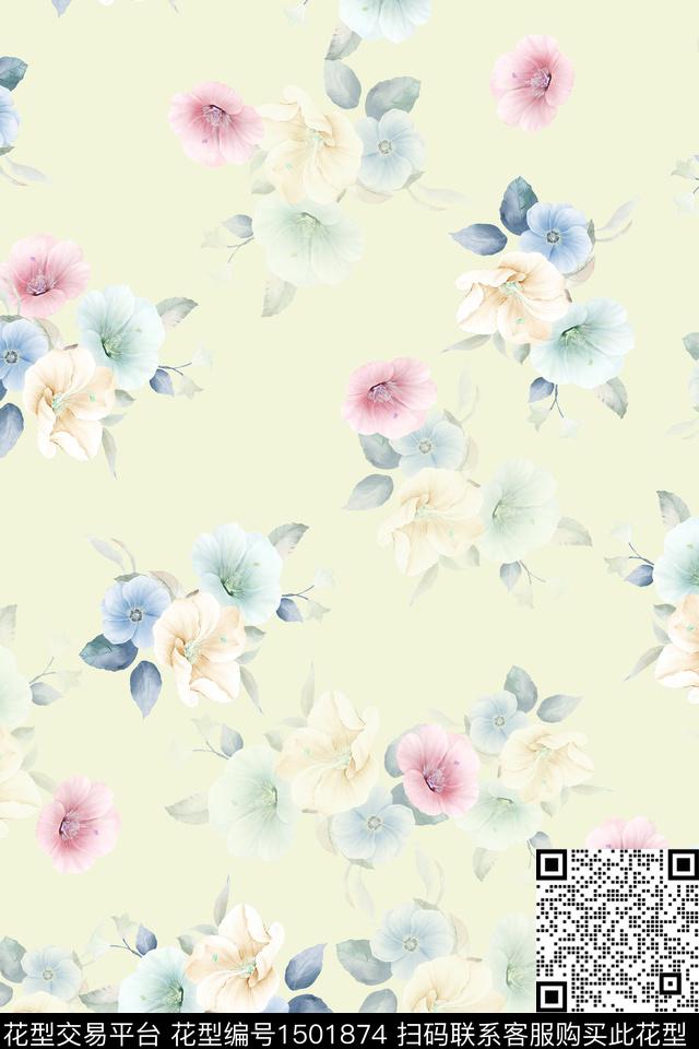 绿植树叶水彩雪纺数码印花华亿平台下载（图片编号: 1501874） - 瓦栏（Walan）