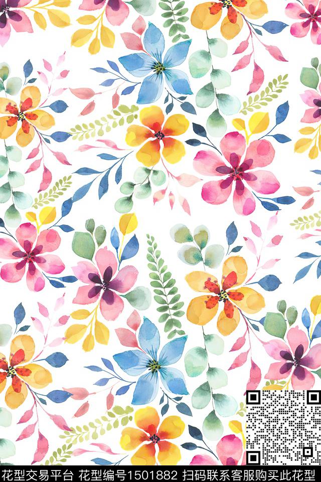 花卉小清新真丝数码印花华亿平台下载（图片编号: 1501882） - 瓦栏（Walan）