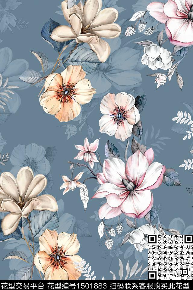 花卉小清新真丝数码印花华亿平台下载（图片编号: 1501883） - 瓦栏（Walan）