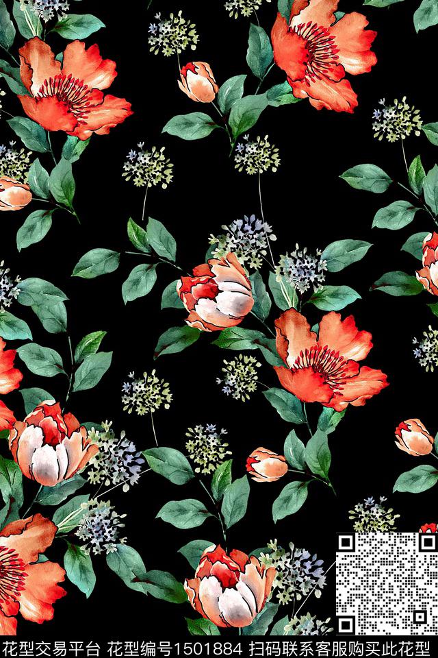 花卉大牌风真丝数码印花华亿平台下载（图片编号: 1501884） - 瓦栏（Walan）