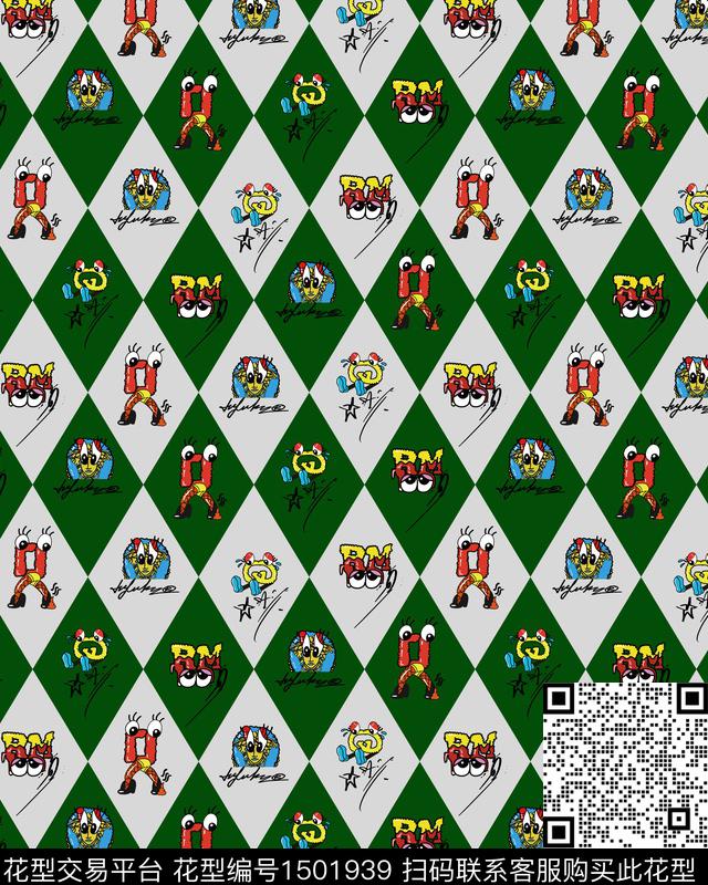格子卡通男装满版花数码印花华亿平台下载（图片编号: 1501939） - 瓦栏（Walan）