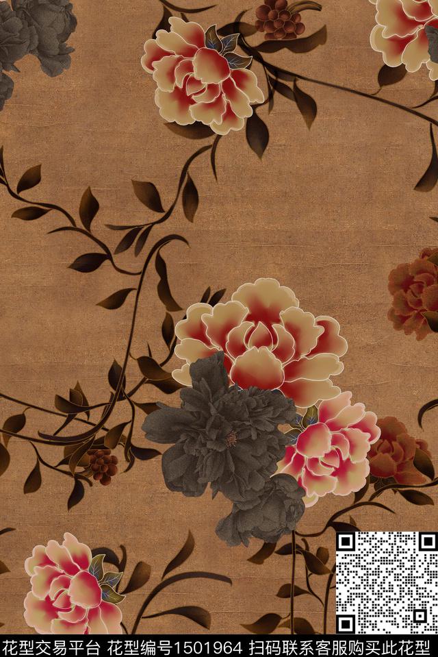 香云纱中国风花卉手绘花卉数码印花华亿平台下载（图片编号: 1501964） - 瓦栏（Walan）
