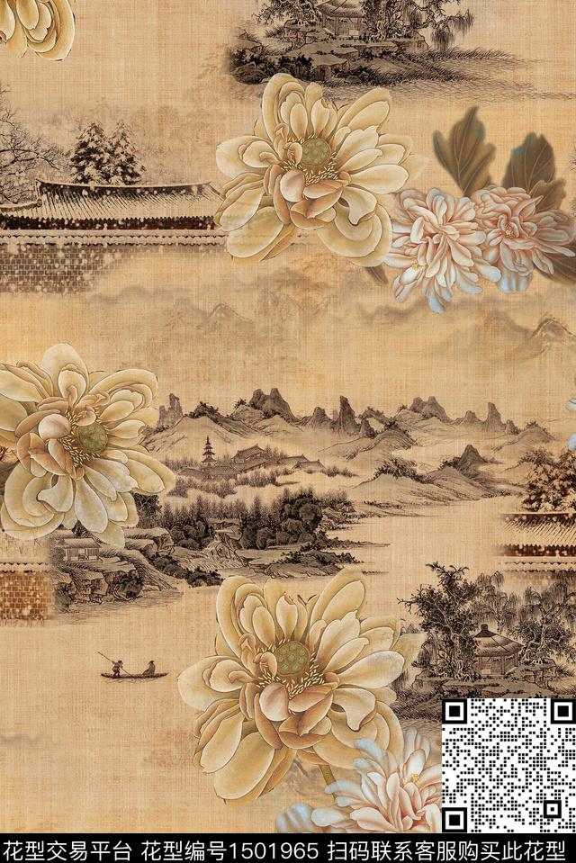 香云纱中国风花卉水墨风景数码印花华亿平台下载（图片编号: 1501965） - 瓦栏（Walan）