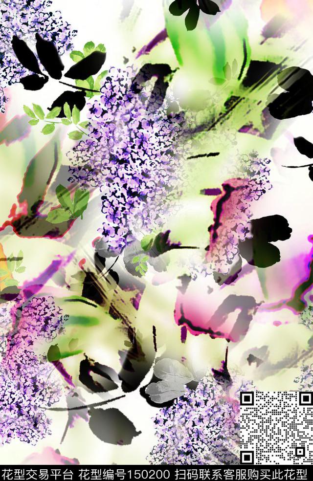 小花团花水彩肌理数码印花华亿平台下载（图片编号: 150200） - 瓦栏（Walan）