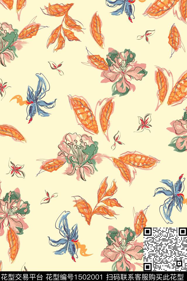 笔触抽象花卉抽象数码印花华亿平台下载（图片编号: 1502001） - 瓦栏（Walan）