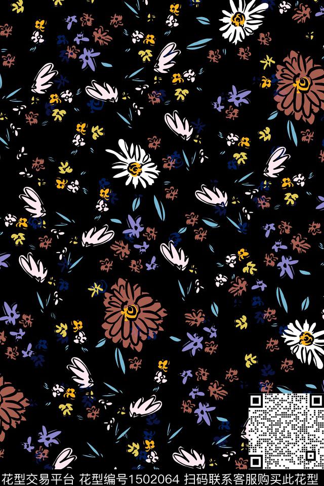 绿植树叶黑底花卉雪纺数码印花华亿平台下载（图片编号: 1502064） - 瓦栏（Walan）