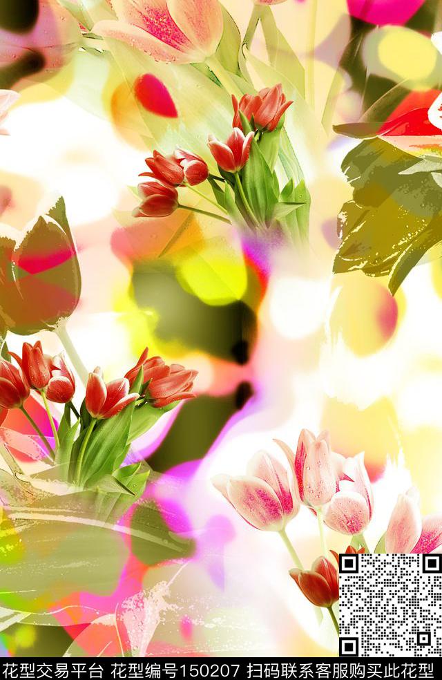 花卉郁金香数码印花华亿平台下载（图片编号: 150207） - 瓦栏（Walan）
