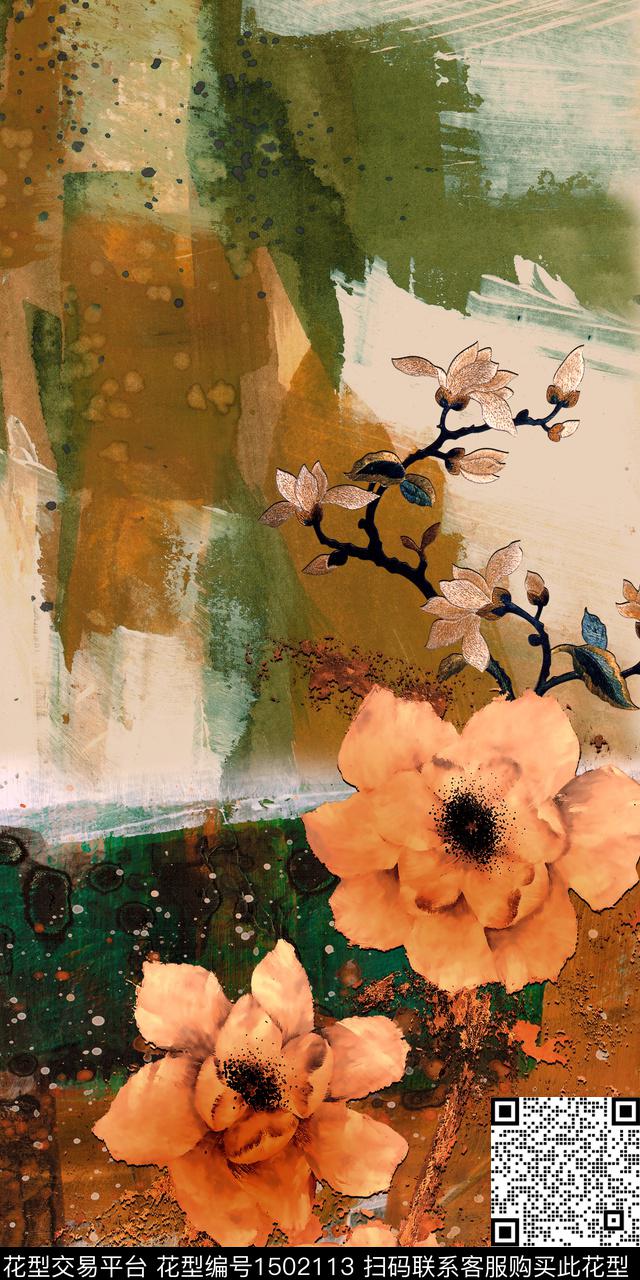 油画华亿平台泼墨笔触数码印花华亿平台下载（图片编号: 1502113） - 瓦栏（Walan）