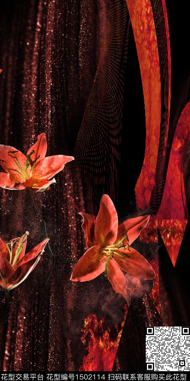 黑底花卉玉兰花烟雾数码印花华亿平台下载（图片编号: 1502114） - 瓦栏（Walan）