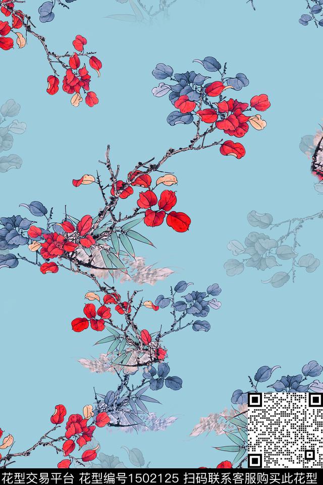 绿植树叶花卉旗袍数码印花华亿平台下载（图片编号: 1502125） - 瓦栏（Walan）