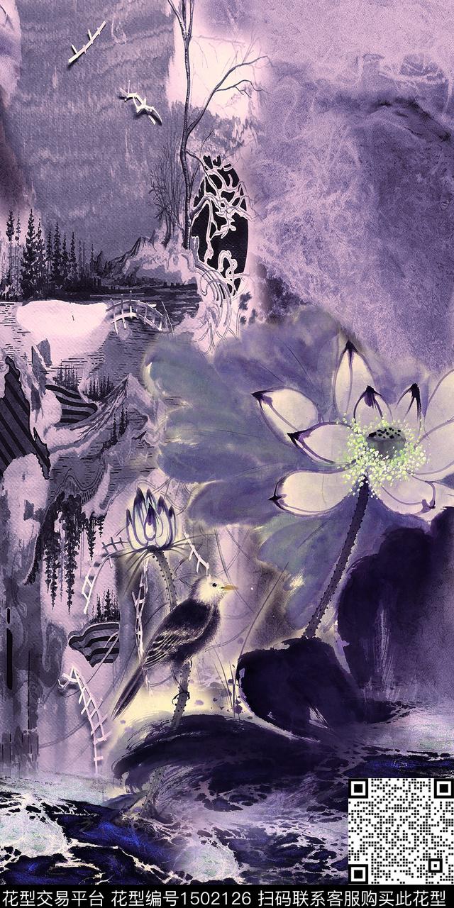 水彩花卉荷花水墨风数码印花华亿平台下载（图片编号: 1502126） - 瓦栏（Walan）