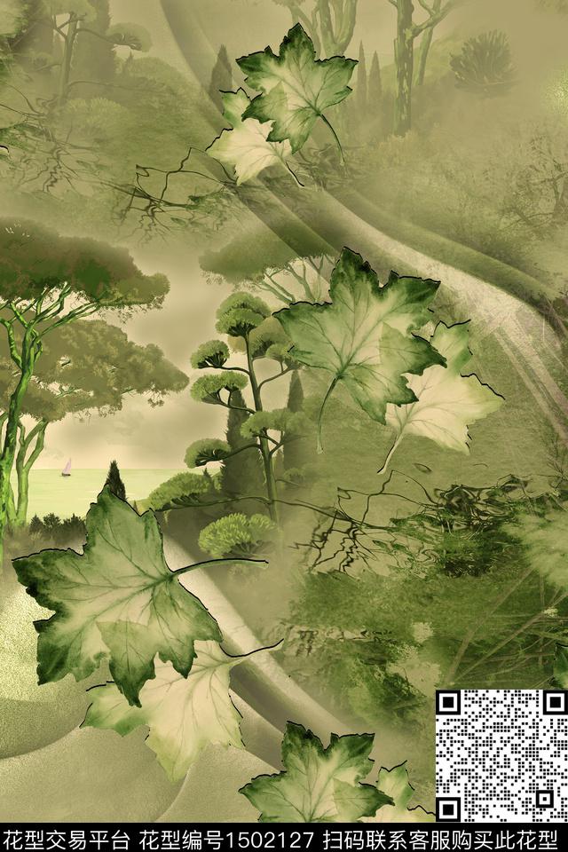 绿植树叶花卉旗袍数码印花华亿平台下载（图片编号: 1502127） - 瓦栏（Walan）
