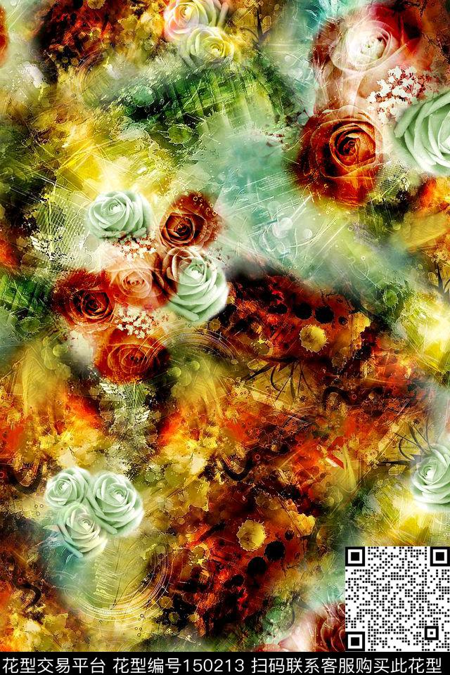 红绿玫瑰复古数码印花华亿平台下载（图片编号: 150213） - 瓦栏（Walan）