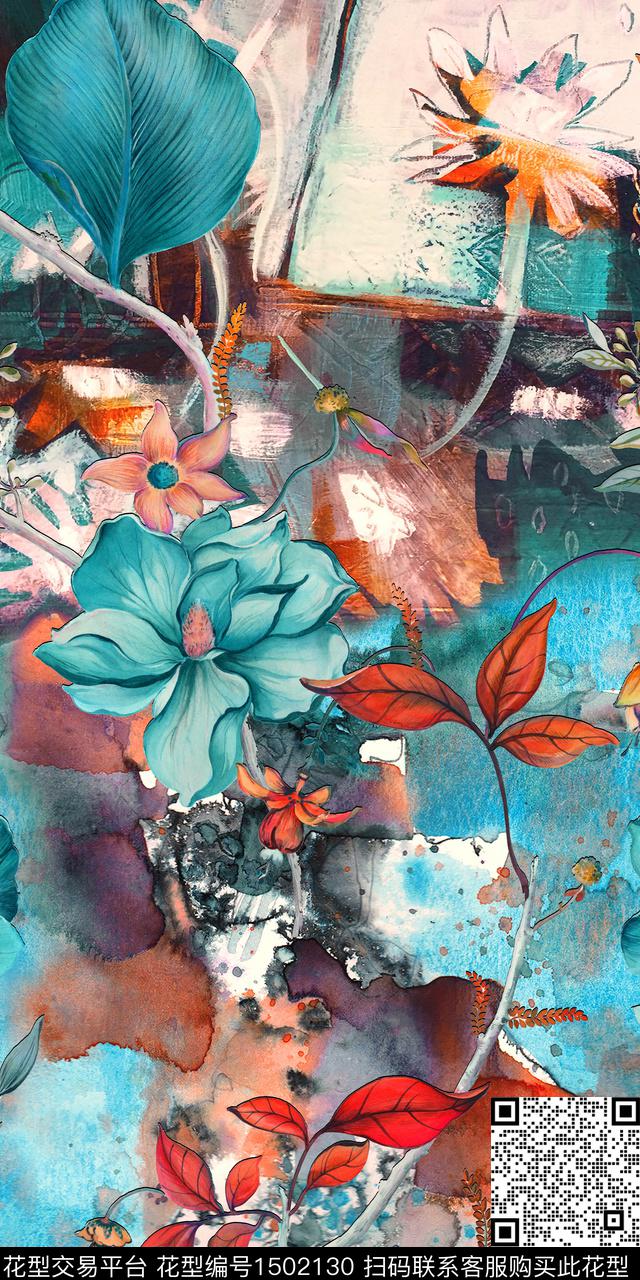 渐变水彩花卉数码印花华亿平台下载（图片编号: 1502130） - 瓦栏（Walan）
