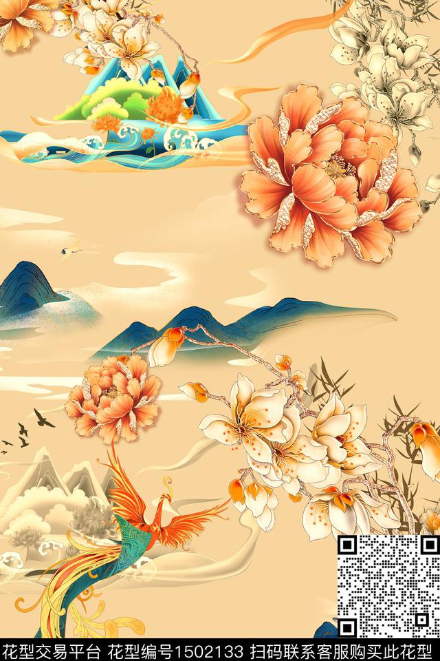 绿植树叶花卉旗袍数码印花华亿平台下载（图片编号: 1502133） - 瓦栏（Walan）