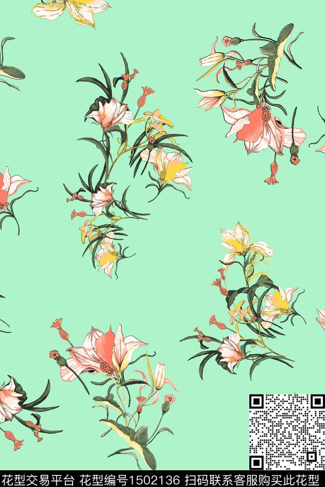 绿植树叶花卉旗袍数码印花华亿平台下载（图片编号: 1502136） - 瓦栏（Walan）