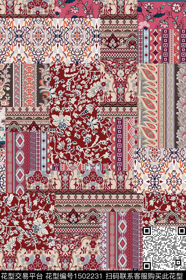 民族风真丝混合拼接数码印花华亿平台下载（图片编号: 1502231） - 瓦栏（Walan）