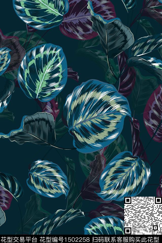 炫彩绿植树叶水彩数码印花华亿平台下载（图片编号: 1502258） - 瓦栏（Walan）