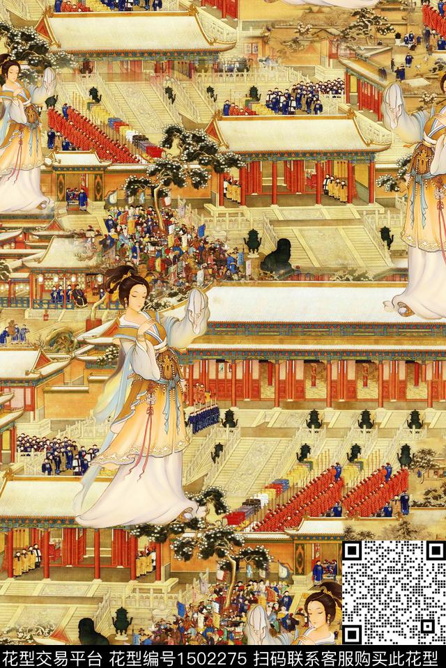 中国风人物古代建筑中国风数码印花华亿平台下载（图片编号: 1502275） - 瓦栏（Walan）