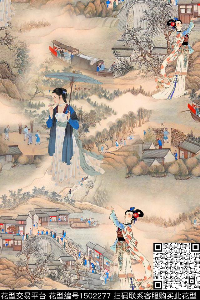 中国风人物古代建筑中国风数码印花华亿平台下载（图片编号: 1502277） - 瓦栏（Walan）