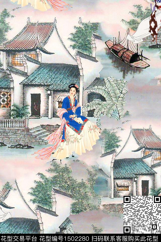 中国风人物古代建筑植物数码印花华亿平台下载（图片编号: 1502280） - 瓦栏（Walan）