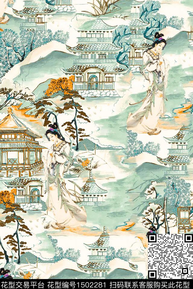 中国风人物古代建筑植物数码印花华亿平台下载（图片编号: 1502281） - 瓦栏（Walan）