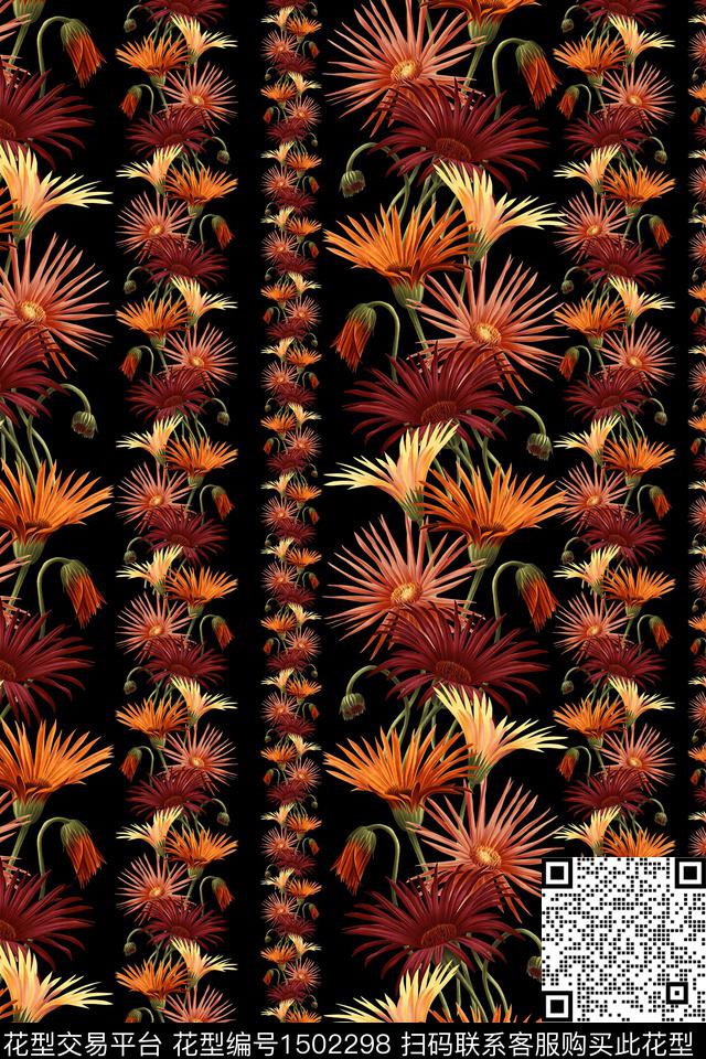 黑底花卉花卉大牌风数码印花华亿平台下载（图片编号: 1502298） - 瓦栏（Walan）