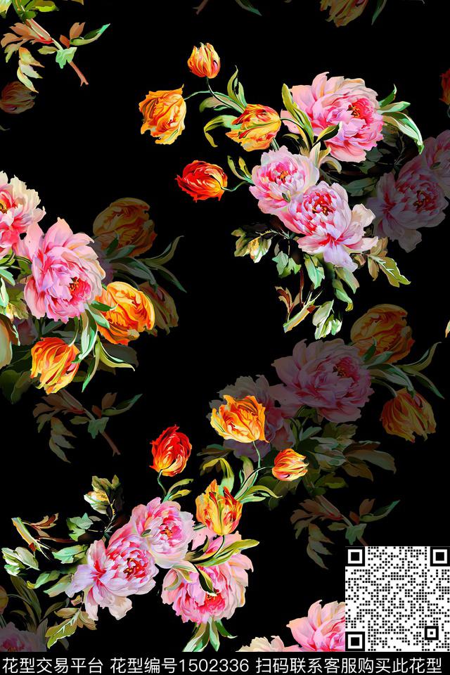 黑底花卉花卉真丝数码印花华亿平台下载（图片编号: 1502336） - 瓦栏（Walan）