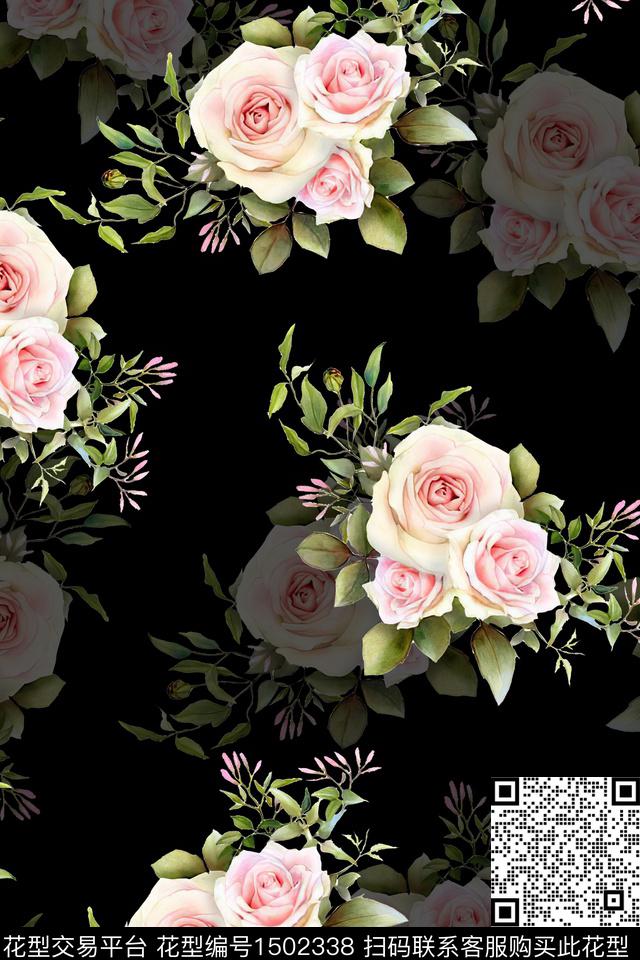黑底花卉花卉真丝数码印花华亿平台下载（图片编号: 1502338） - 瓦栏（Walan）