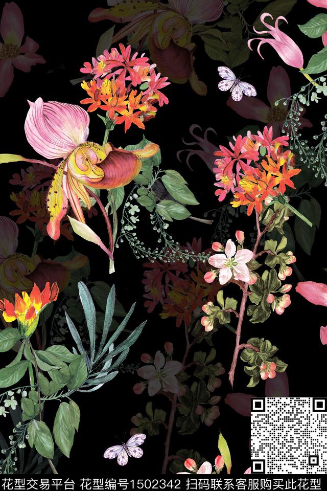 花卉大牌风真丝数码印花华亿平台下载（图片编号: 1502342） - 瓦栏（Walan）