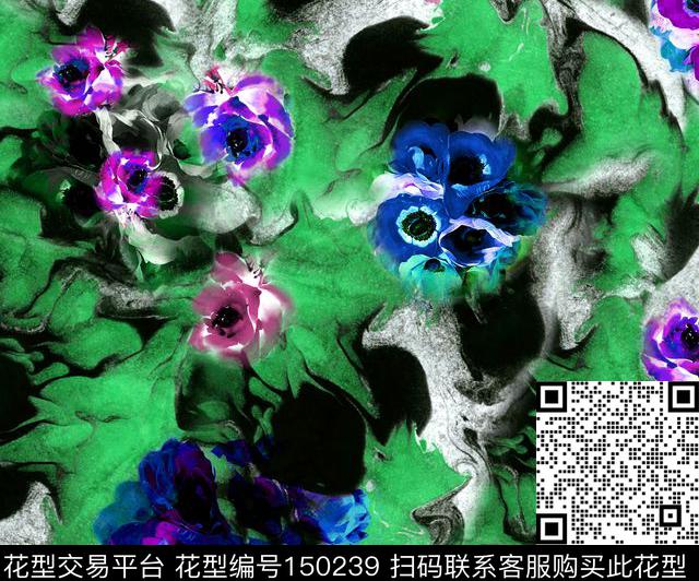 水墨花卉数码印花华亿平台下载（图片编号: 150239） - 瓦栏（Walan）