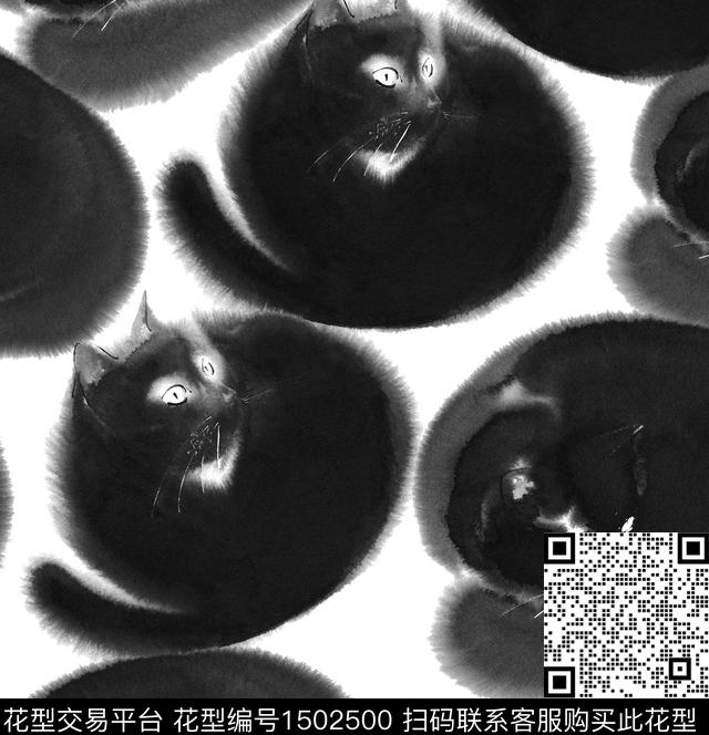 黑白华亿平台趣味猫数码印花华亿平台下载（图片编号: 1502500） - 瓦栏（Walan）