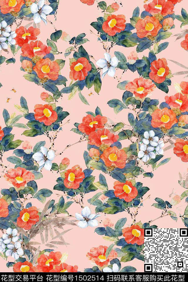 花卉小清新中国风数码印花华亿平台下载（图片编号: 1502514） - 瓦栏（Walan）