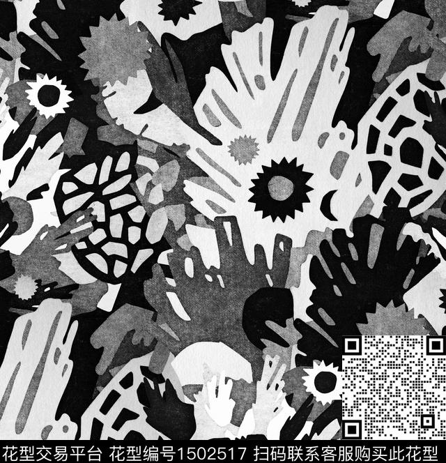 几何花卉黑白华亿平台抽象数码印花华亿平台下载（图片编号: 1502517） - 瓦栏（Walan）