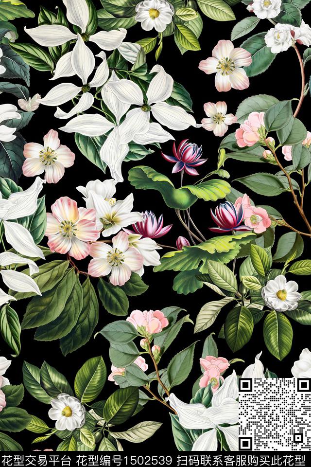 黑底花卉花卉大牌风数码印花华亿平台下载（图片编号: 1502539） - 瓦栏（Walan）