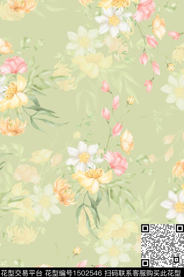 花卉小清新真丝数码印花华亿平台下载（图片编号: 1502546） - 瓦栏（Walan）